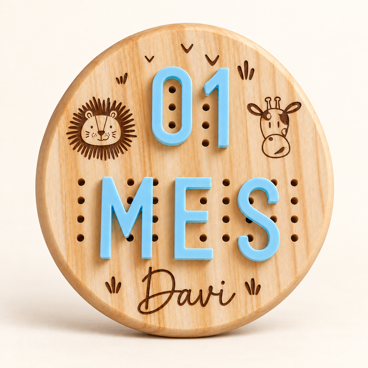 Quadrinho do Tempo de frente, em pinus, com tema Safari, letras azuis e Davi gravado