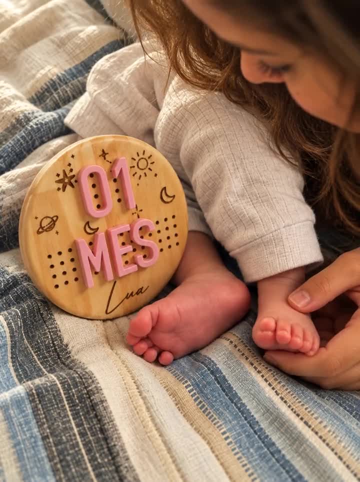 Mãe com bebê e um Quadrinho do Tempo rosa de um mês
